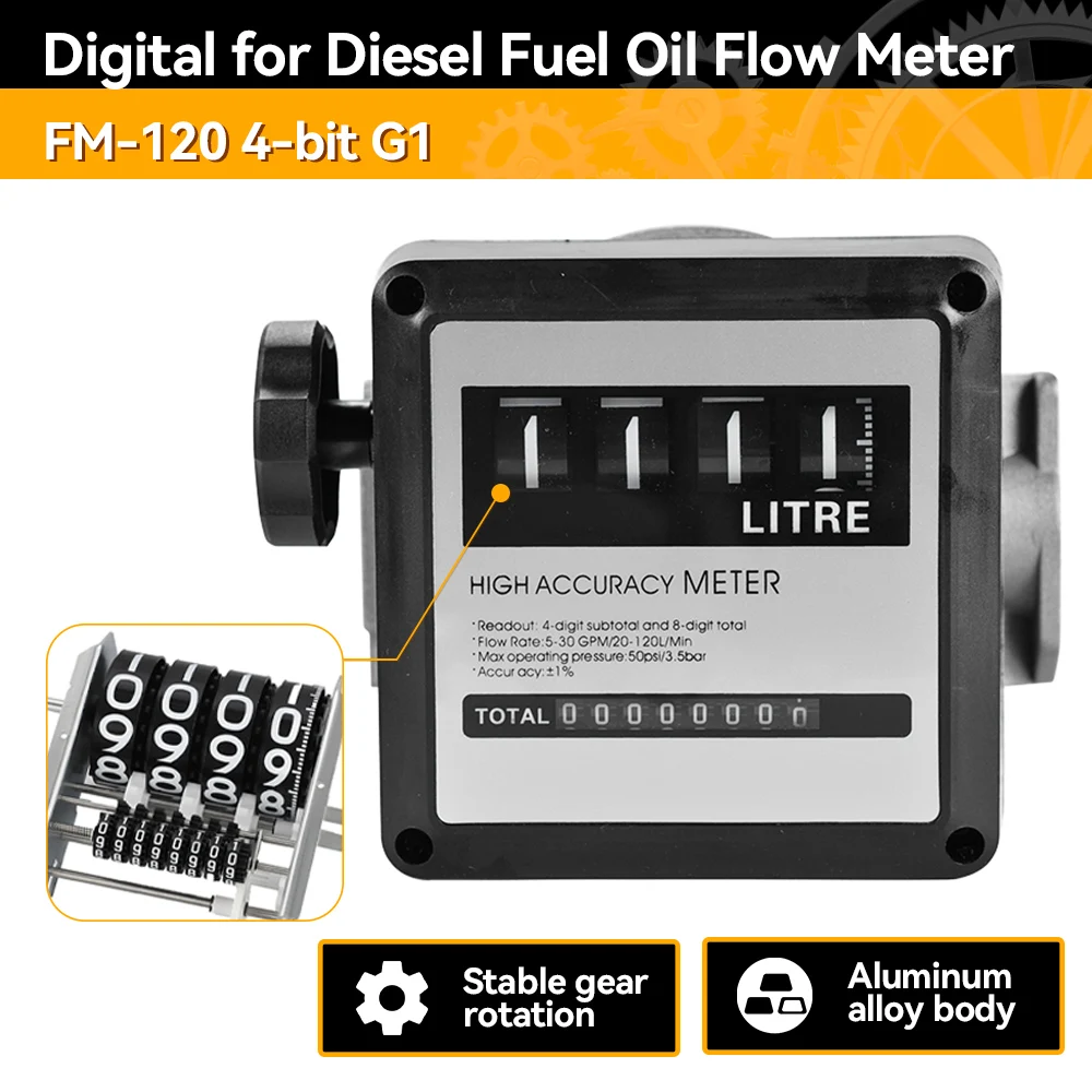 FM-120 Mechanical Fuel Gauge 4Digit Fuel Flowmeter Digital Diesel Gasoline Flow Meter Internal Thread Meter Counter 20-120L/Min