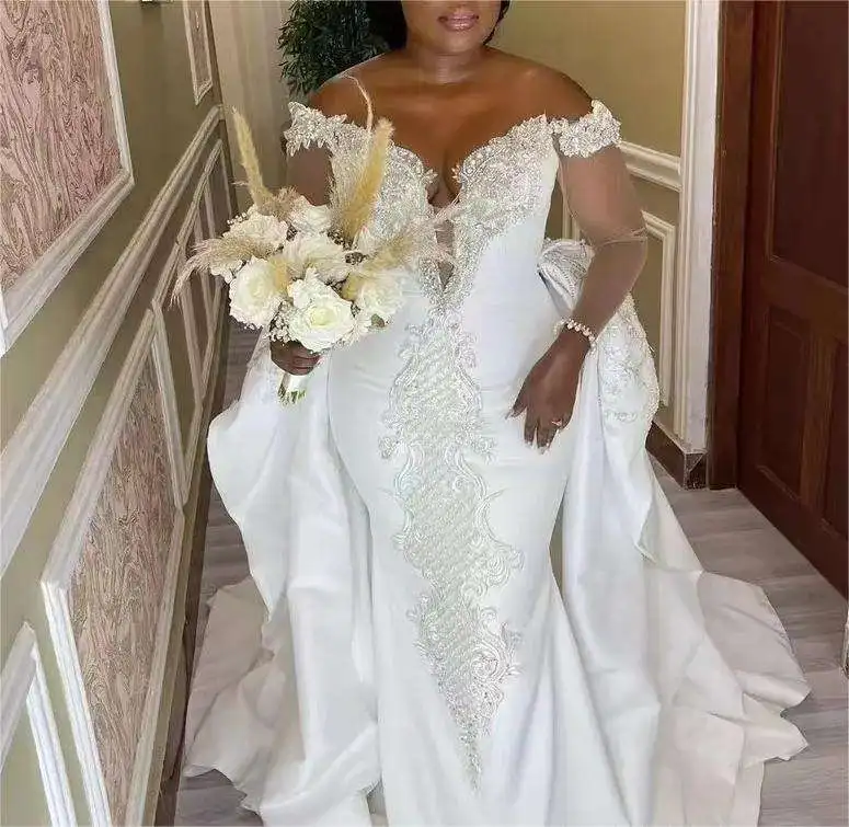 Customized New Luxury African Wedding Dress Detachable Fishtail Beaded Off Shoulder Custom Made Bridal Gown