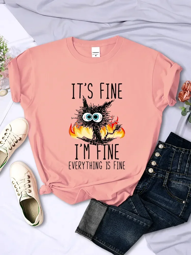 Lovely Funny Black Cat T Shirt It's Fine I'm Fine Everythings Fine Tees Harajuku Streetwear Kittens&cat Lovers Shirts for Women