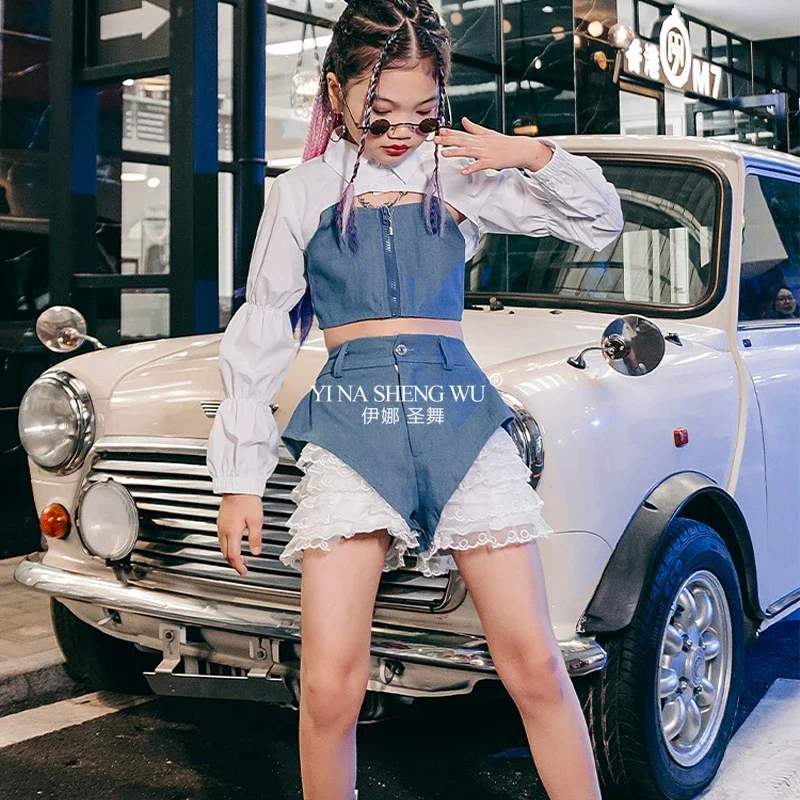 

Детская одежда для уличных танцев в стиле хип-хоп для девочек, сине-белая модная крутая одежда для джазовой сцены K-pop, костюм для подиумного шоу