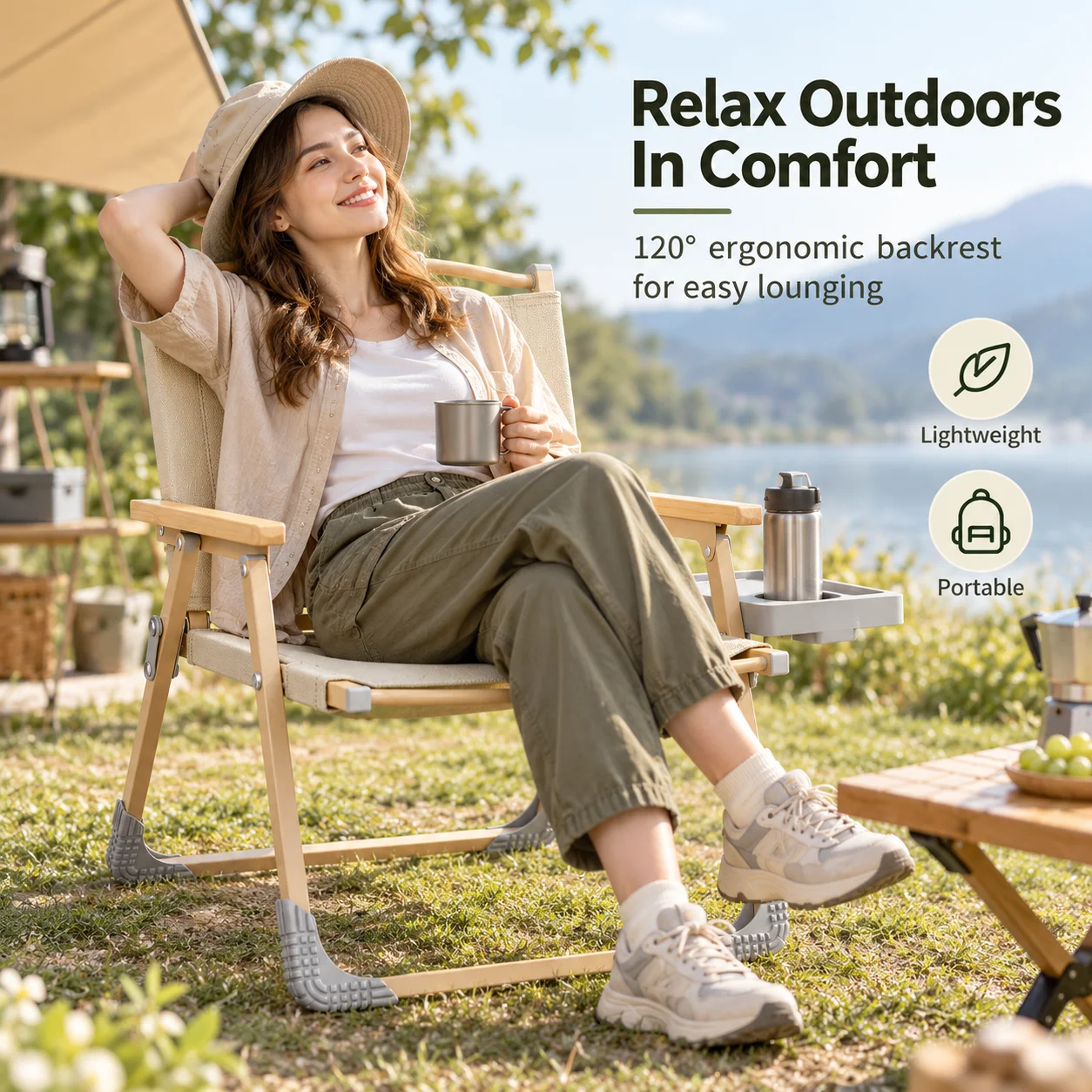 AOLIVIYA Folding Camping Chair Portable Kermit Chair With Side Tray Cup Holder Mesh Pocket Beechwood Armrests For Outdoor Picnic
