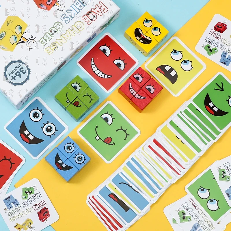 Cubo che cambia il viso giocattolo in legno espressione Building Blocks genitori bambini gioco interattivo divertente di livello di battaglia Puzzle stimolante