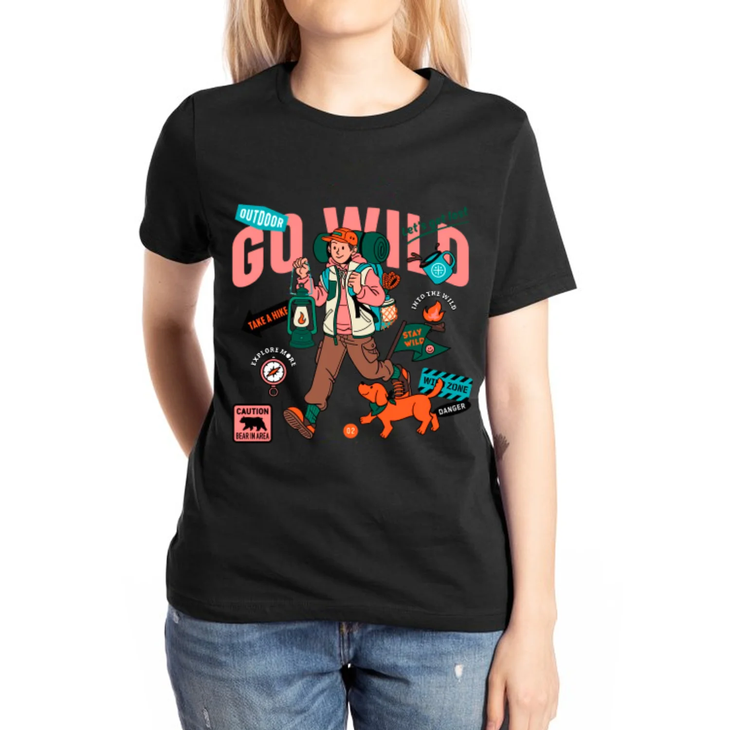 Camiseta gola redonda com estampa dos desenhos animados, algodão puro, tecido elástico respirável, estilo casual, viajante diário, verão, 2024