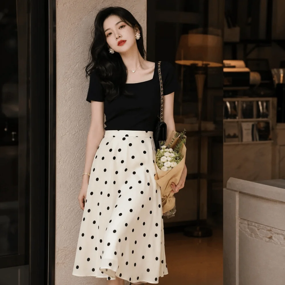 

Vintage Elastic Waist Polka Dot Skirt Splicing Design Slim Fit A-Line Skirt Pleated Summer Half-length Dress Vacation