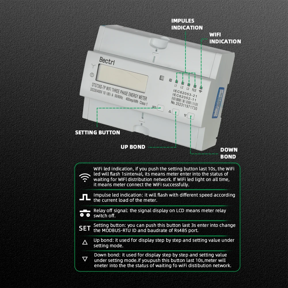 DTS726 7P WIFI 3 Phase Din Rail Tuya 50/60Hz 3*120V 3*220V 3*230V WIFI Smart Energy Meter Timer Power Consumption Monitor