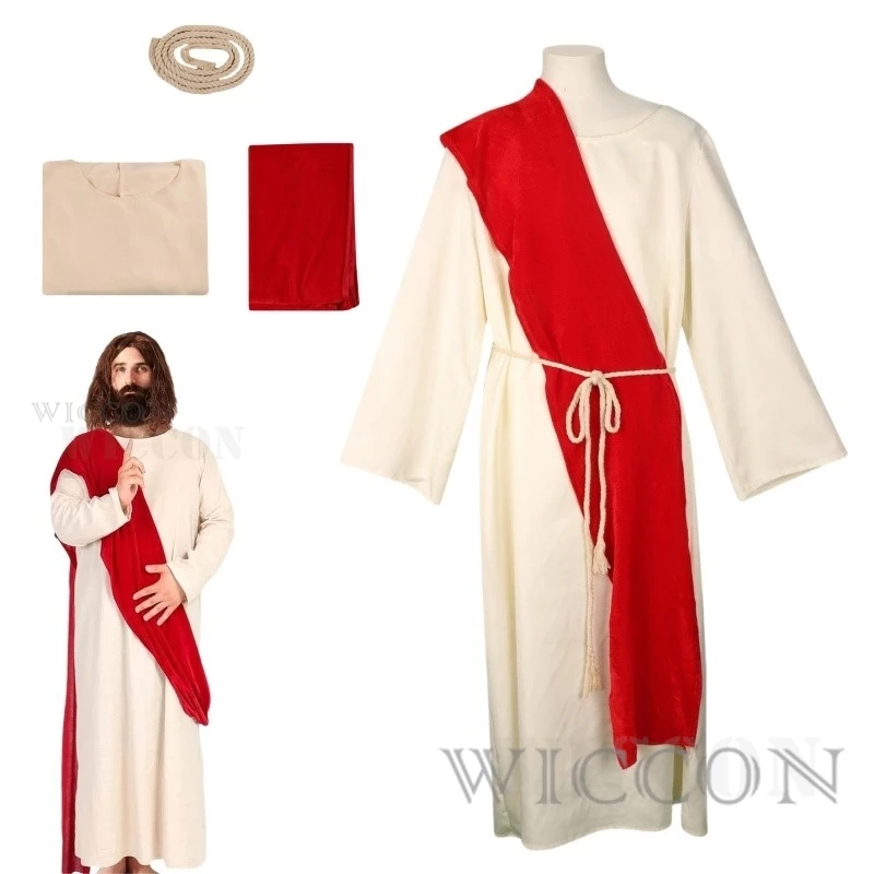 

Adult Religious Christ Jesus Robe Costume with Red Sash Purim Cosplay Fancy Dress Up Halloween Role Play Jesus Outfits for Male