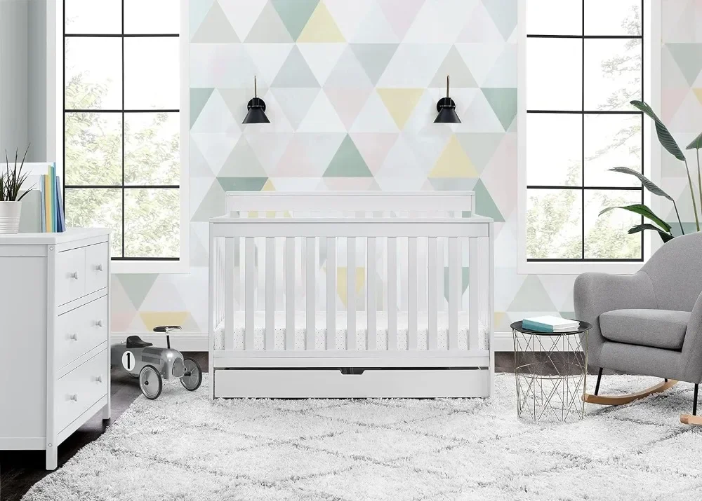 Children Mercer 6-in-1 Convertible Crib with Storage Trundle Greenguard Gold Certified Bianca White Easy to Use Space Saving