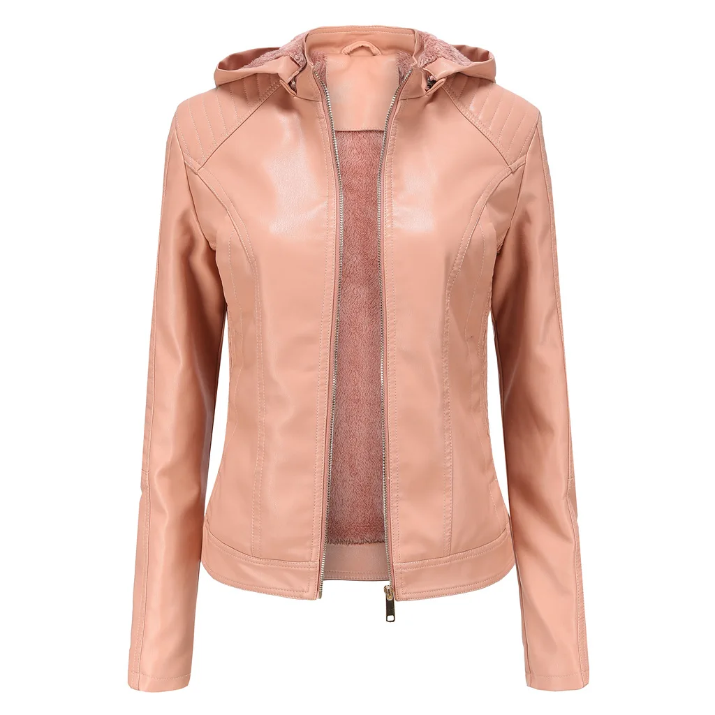 Women's Fleece Hooded Long Sleeve Leather Jacket