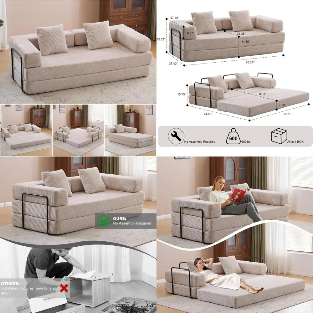 Sofá cama convertible, estructura fija, sofá de terraza de pana con almohadas, diseño Modular para mayor comodidad