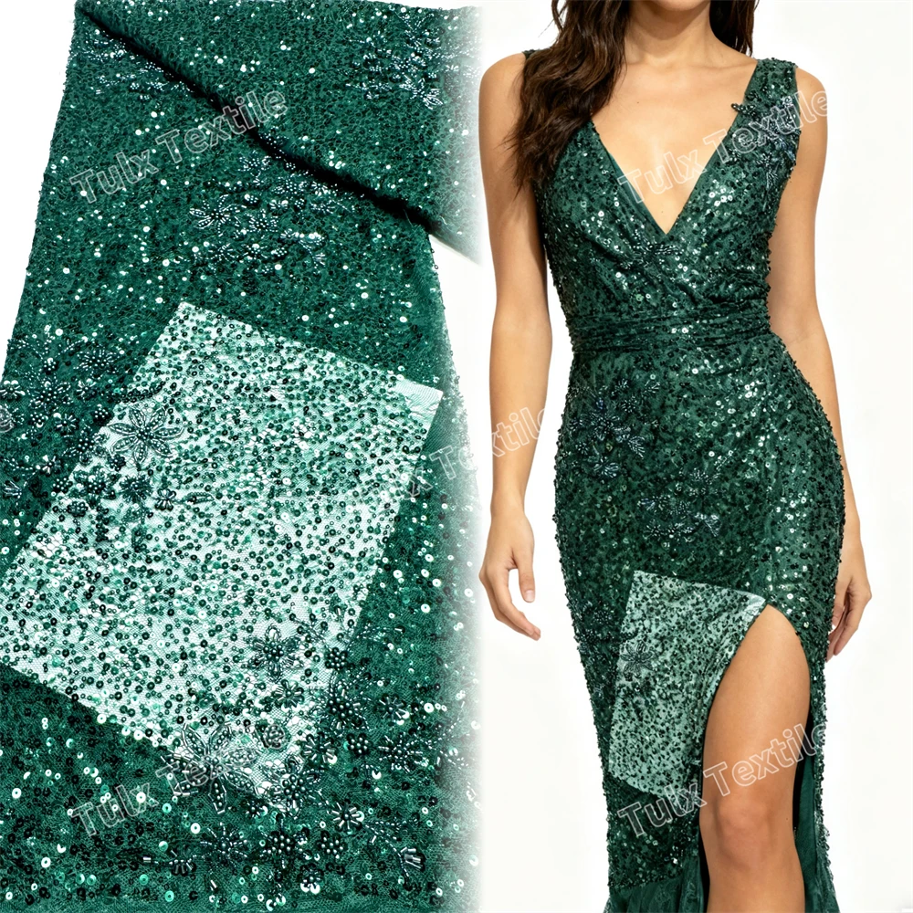 

Teal African French Sequins Net Lace High Quality Nigerian Embroidery Beaded Mesh Fabric 5 Yards For Women Wedding Party Dress