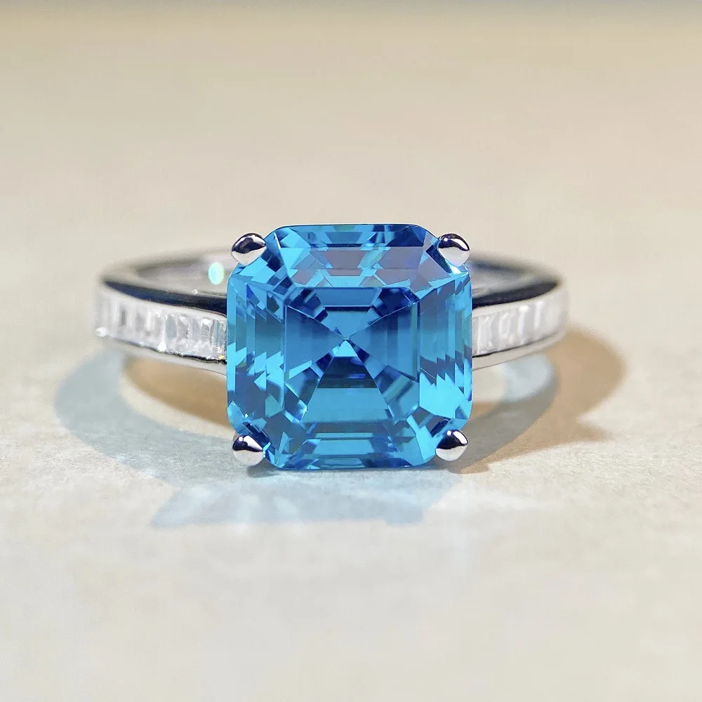 

S925 Sterling Silver Ascher Ring, Women's Square Pagoda, Emerald Green, Sea Blue, Precious Ring, High-end