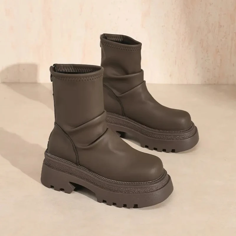 Women Short Booties Platform Shoes Woman Heel Fashion Back Zippers Ankle Booties Female Retro Style Autumn Winter Female Shoes