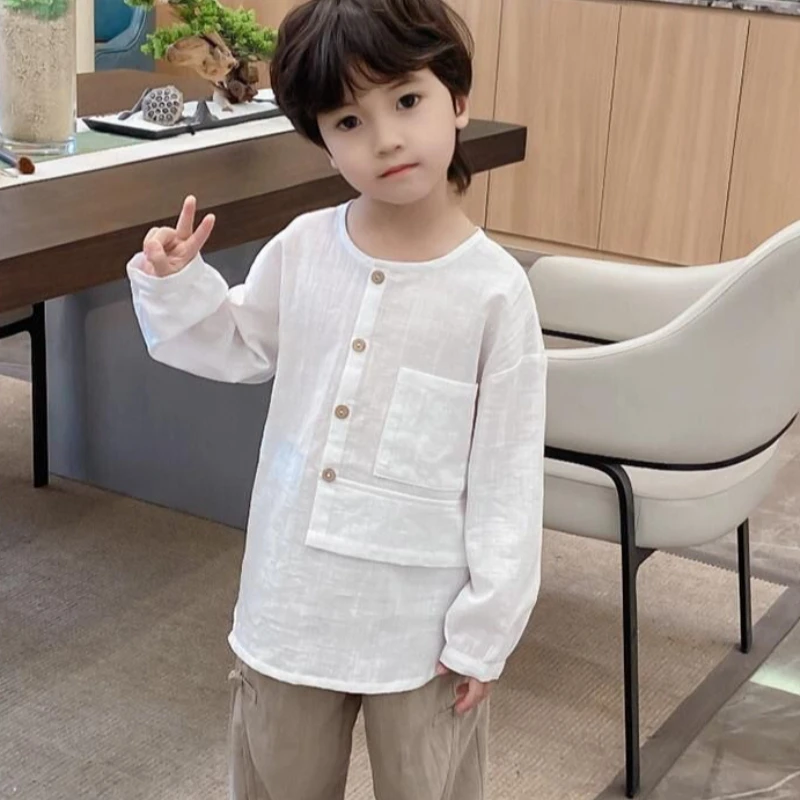 Boys Cotton Linen T Shirt Summer Thin Casual Solid Color Korean Style Kids Tops Tee Children Clothing - view 4