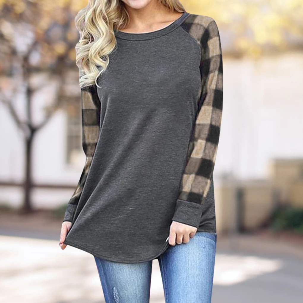 Damen-T-Shirt, Rundhalsausschnitt, lange Ärmel, gespleißtes kariertes Freizeitoberteil, grün kariert, L