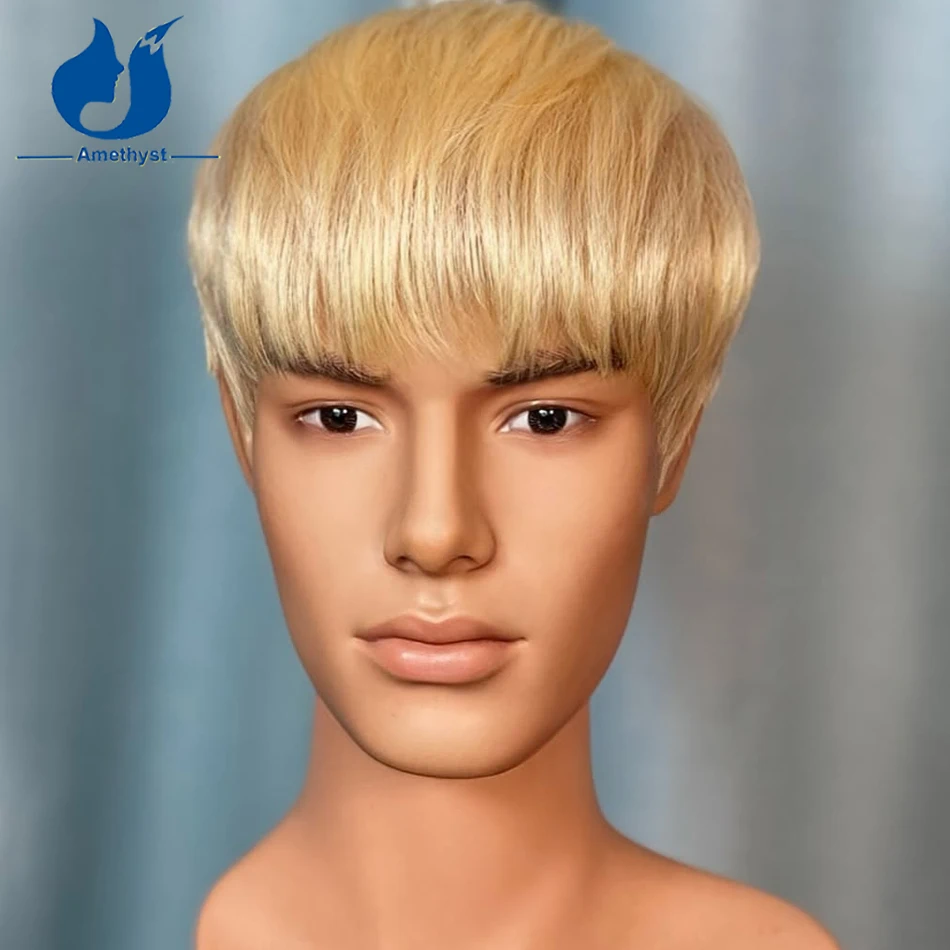 جمشت شقراء 613 مستقيم قصير عابث قطع شعر مستعار مع الانفجارات حلق الجانبين والسوالف شعر مستعار دانتيل كامل للرجال ريمي الشعر البرازيلي