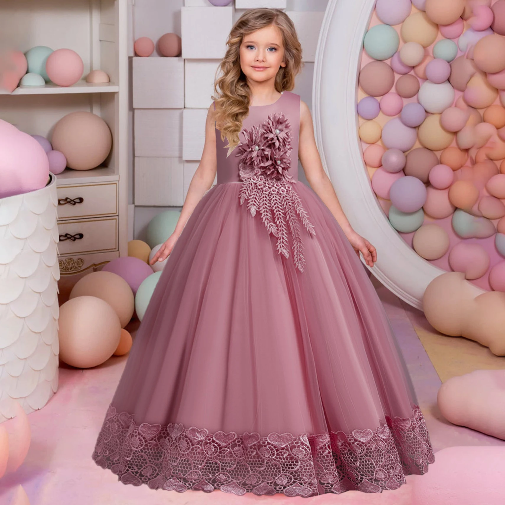 Summer Tulle Flower Girls Dress for Wedding Party Child Princess Pageant Long Gown Kids Dresses for Girls Formal Evening Clothes