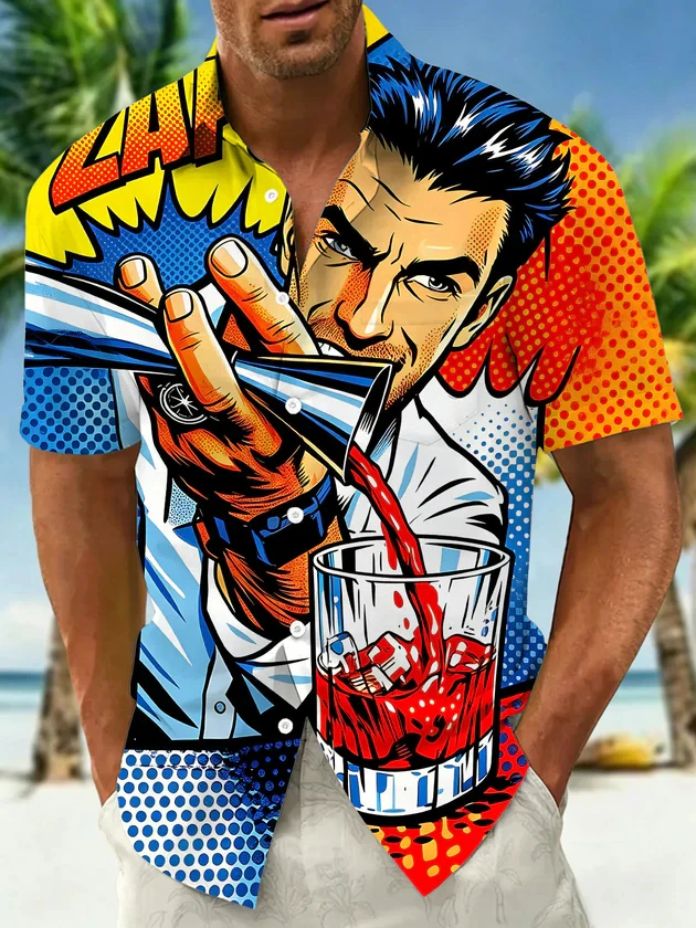 Novelty Men's Shirts Vintage Art Illustration Printed Loose Vacation Short Sleeve Lapel Tops Casual Street Men Clothes