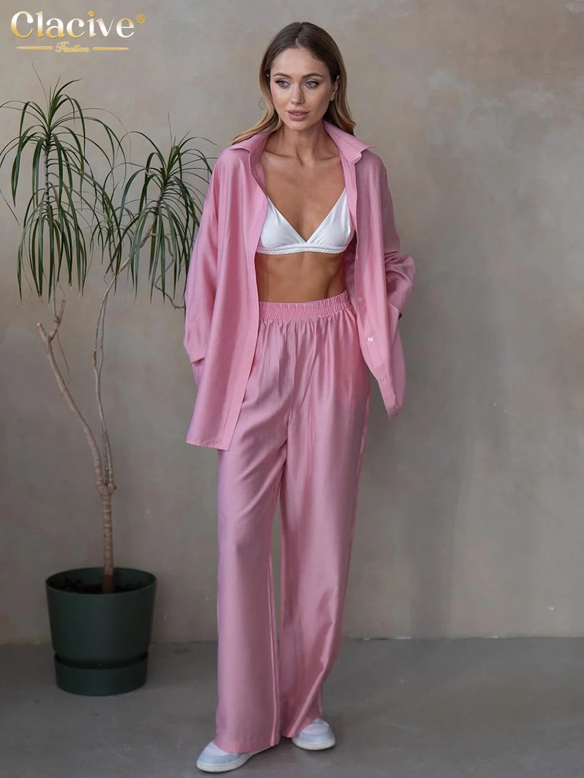 Clacive Fashion Loose Pink Trousers Sets For Women 2 Pieces Elegant Long Sleeve Shirts With High Waist Wide Pants Set Female