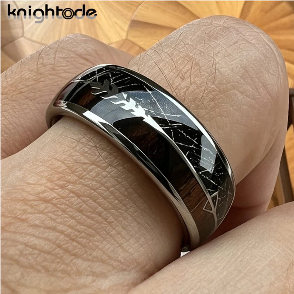 Black Meteorite/Koa Wood Unique Texture Inlay Tungsten Carbide Ring For 8mm Men Women Wedding Slivery Arrow Dome Polished