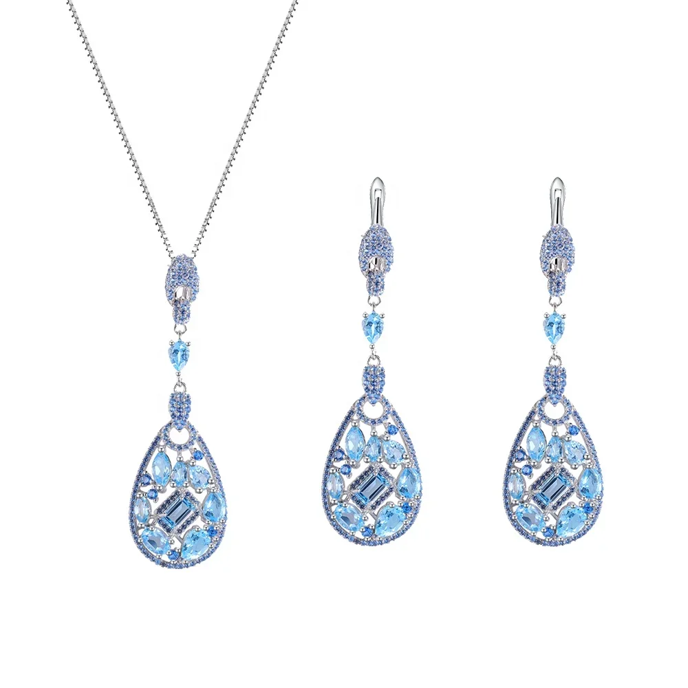 C4035 Abding Fancy High Quality 925 Sterling Silver Natural Swiss Blue Topaz Women's Jewellery Set Austrian