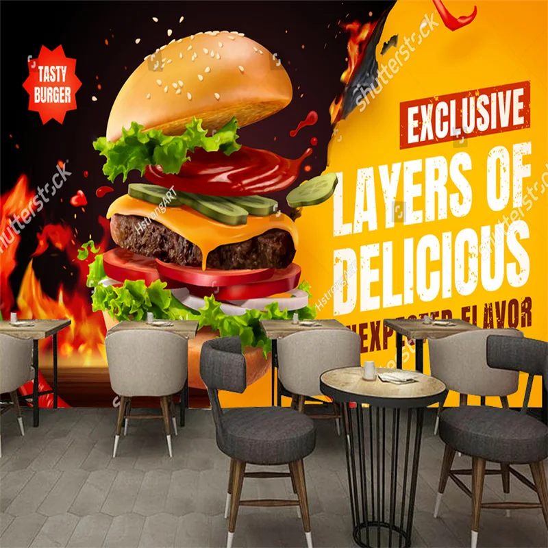 Custom Burger Fast Food Restaurant Wallpaper BBQ Grill Fire Food Industrial Decor Mural Snack Bar Background Wall Papel Tapiz