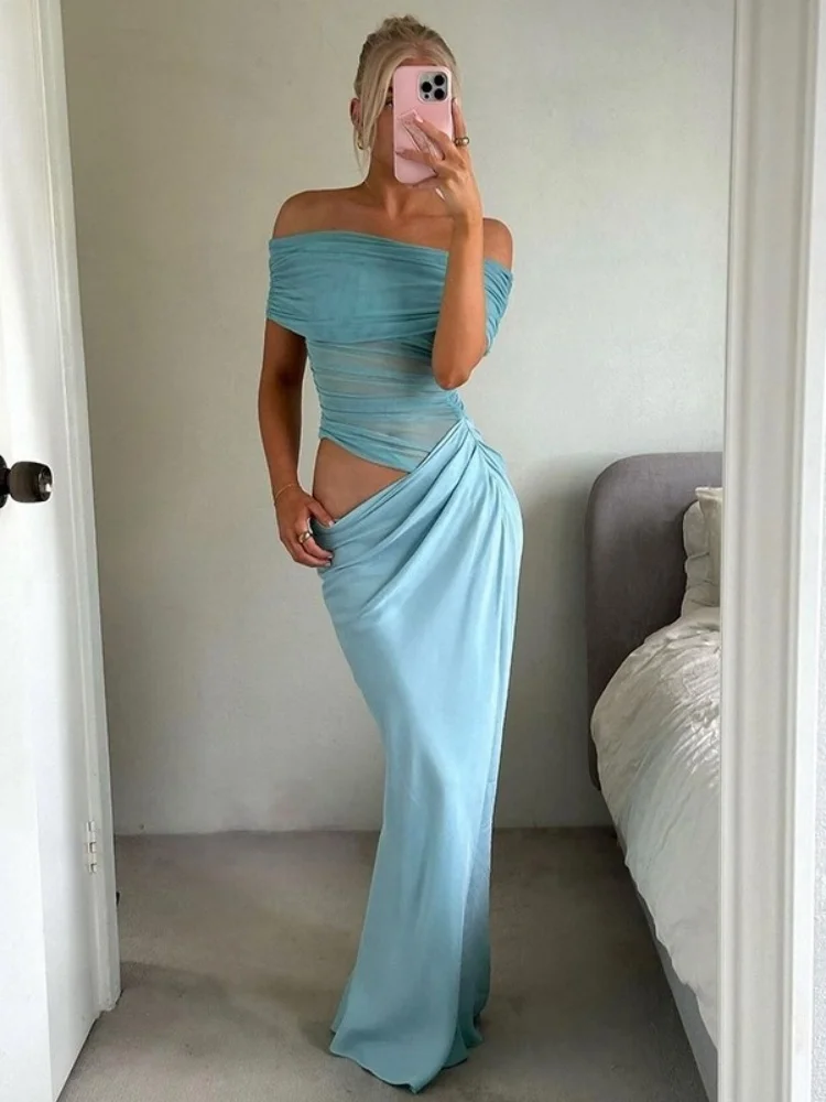 Off Shoulder Long Dress For Women Aesthetic Clothes See Through Mesh One Piece Vestidos De Mujer Hollow Out Folds Robe Femme Y2k