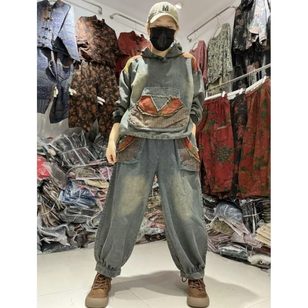 Spring Autumn Washed Denim Patchwork Cotton Linen Hooded Top + Elastic Waist Pants Two Piece Set Women Matching Pant Set ZF342