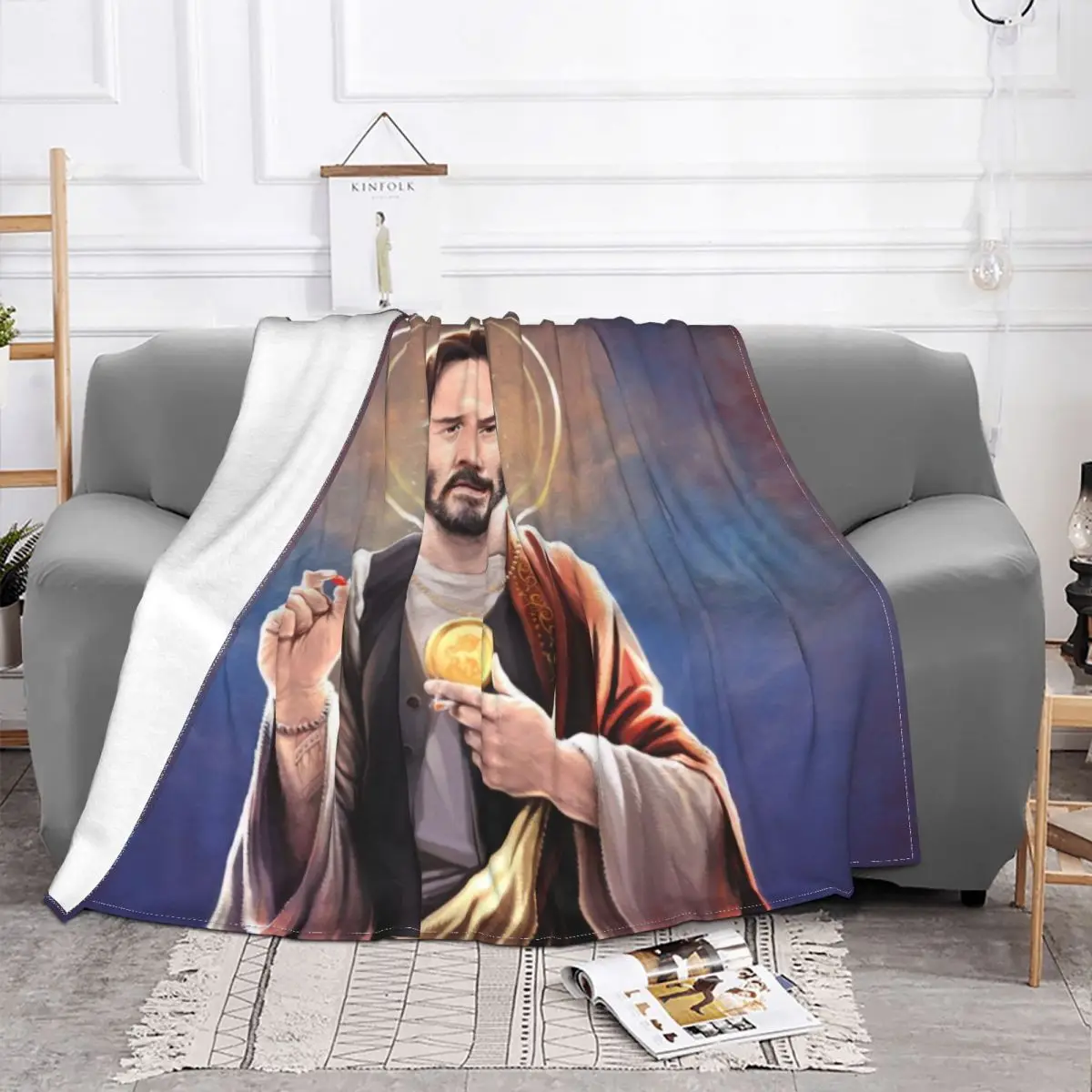 Saint Keanu Reeves Saviour Blanket Soft Flannel Fleece Warm Meme Jesus John Wick Throw Blankets for Travel Bedroom Couch Quilt