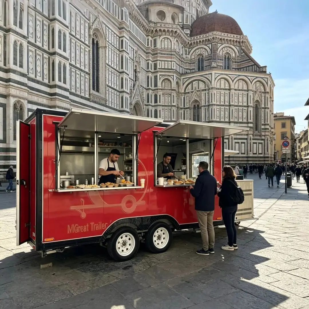 

Red Fast Food Concession Trailer Double Axle Commercial Cart for Mall Kiosk Street Franchise & Amusement Park