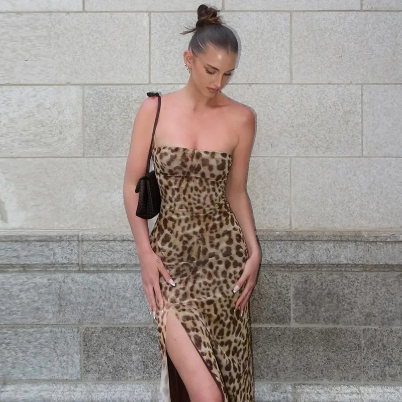 

Women Dress Elegant Long Dresses Party Night Dress Women Dresses Leopard Print Sexy Tube Top Bottle Neckline Side Slits Dress