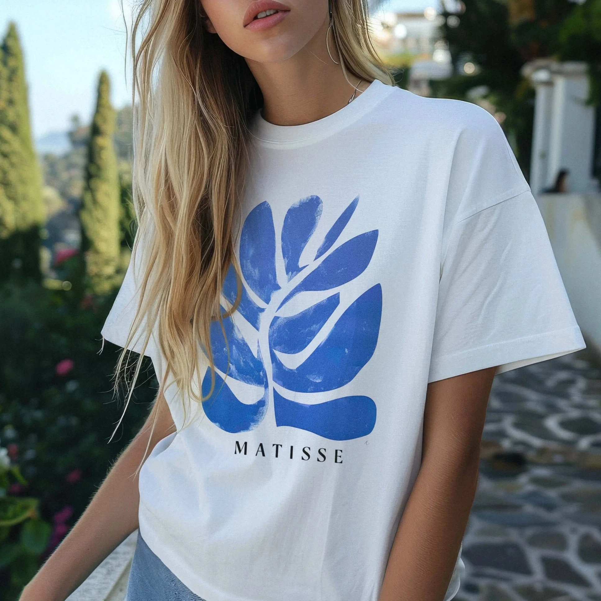 

Short Sleeve Women T-Shirt Exclusive Blue Matisse Print T-Shirt Spring Summer Art Lover Minimal Abstract