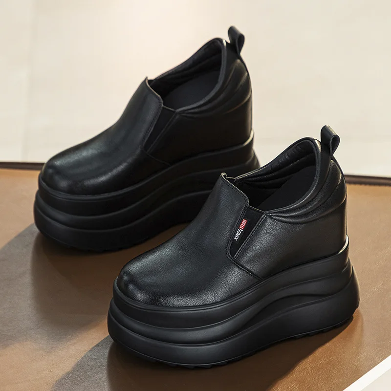 

Size 33 Shoes Women Black White Genuine Leather Wedges High Heel Platform Spring Customized Chunky Sneakers Big Size 40 Shoes