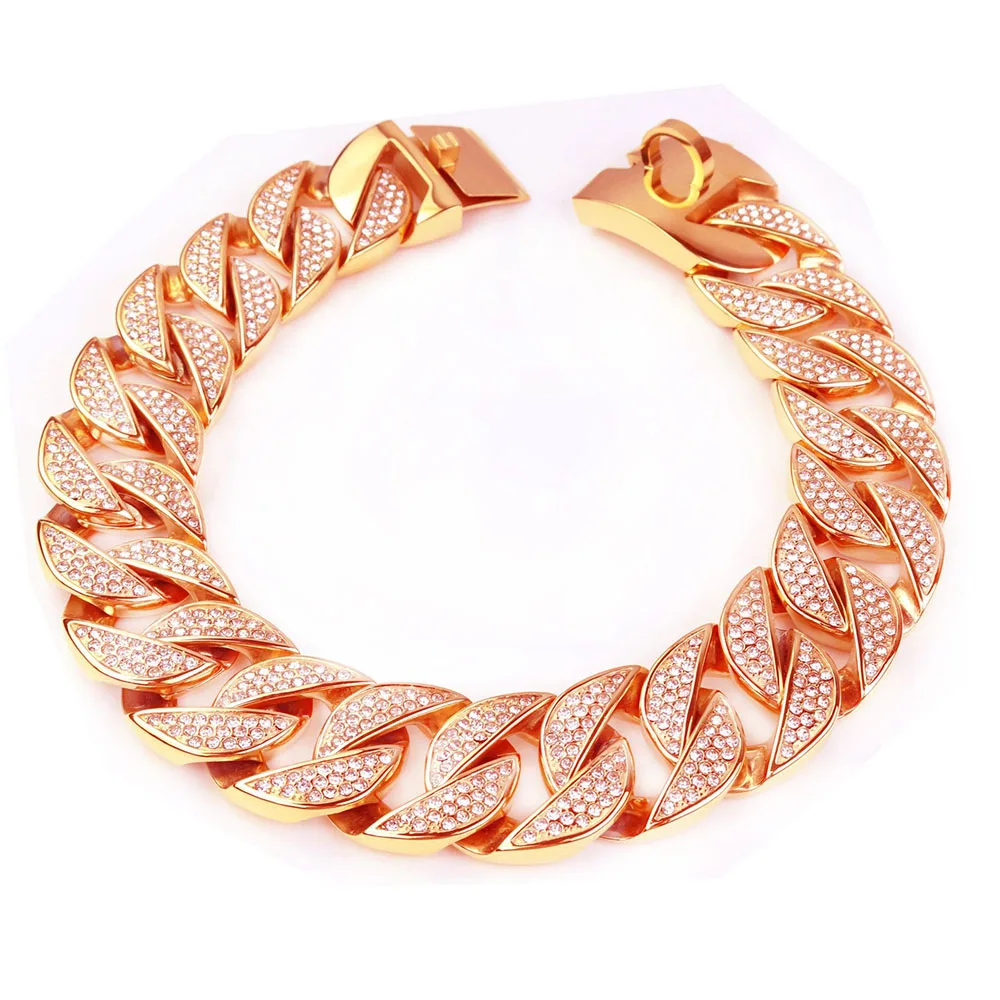 dog collar luxury diamond 18k rose gold stainless steel heavy duty chunky cuban link dog chain collar