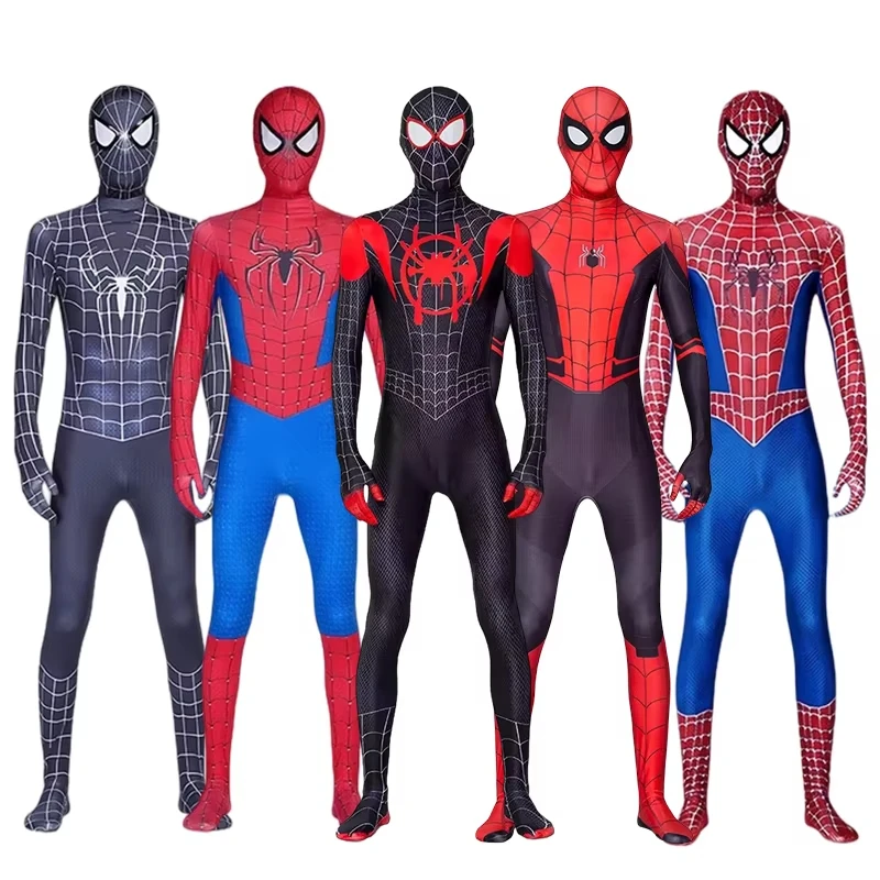 Spiderman Costumes Superhero Miles Spider Man Cosplay Jumpsuit Bodysuit Zentai Launcher Halloween Costumes for Adult and Kid