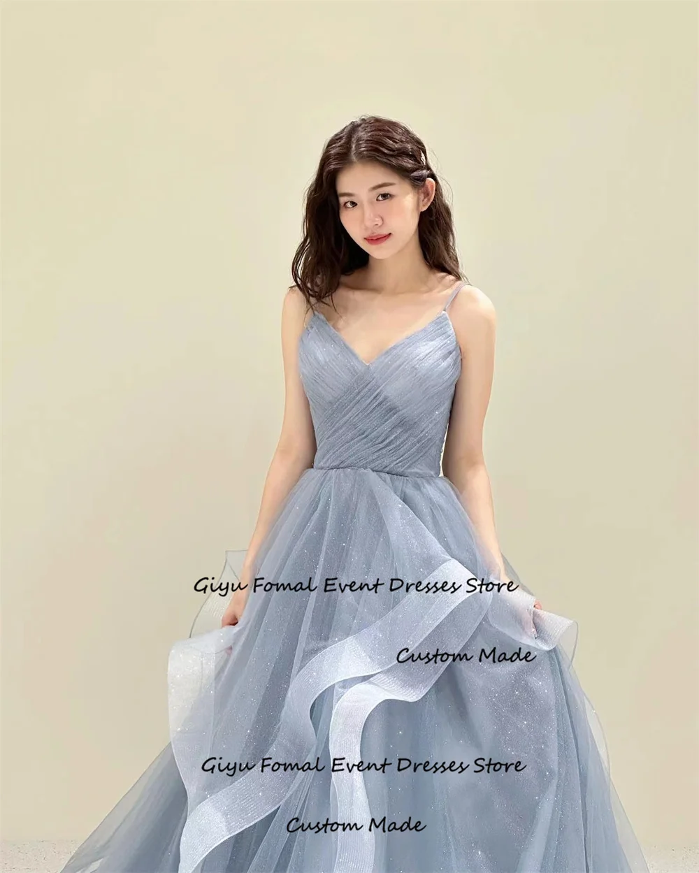 Giyu Fairy Blue Korea Wedding Dress Photoshoot V-Neck Floor-Length Spaghetti Strap Evening Gown Birthday Party Dress Customized