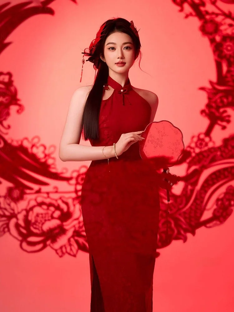 

New 2026 Red Paper Cut New Chinese Style Art Photo Studio Photography Background Clothing for Ladies Portrait Shoot