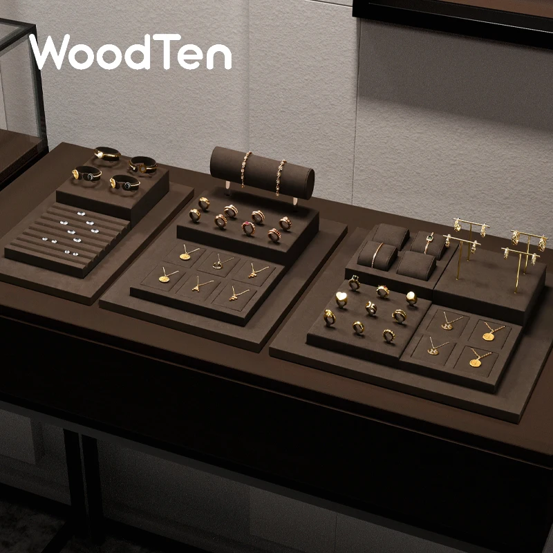 

WoodTen Brown Jewelry Display Props Microfiber Rings Earrings Rack Necklaces Pendant Watch Jewelry Window Display Counter Stand