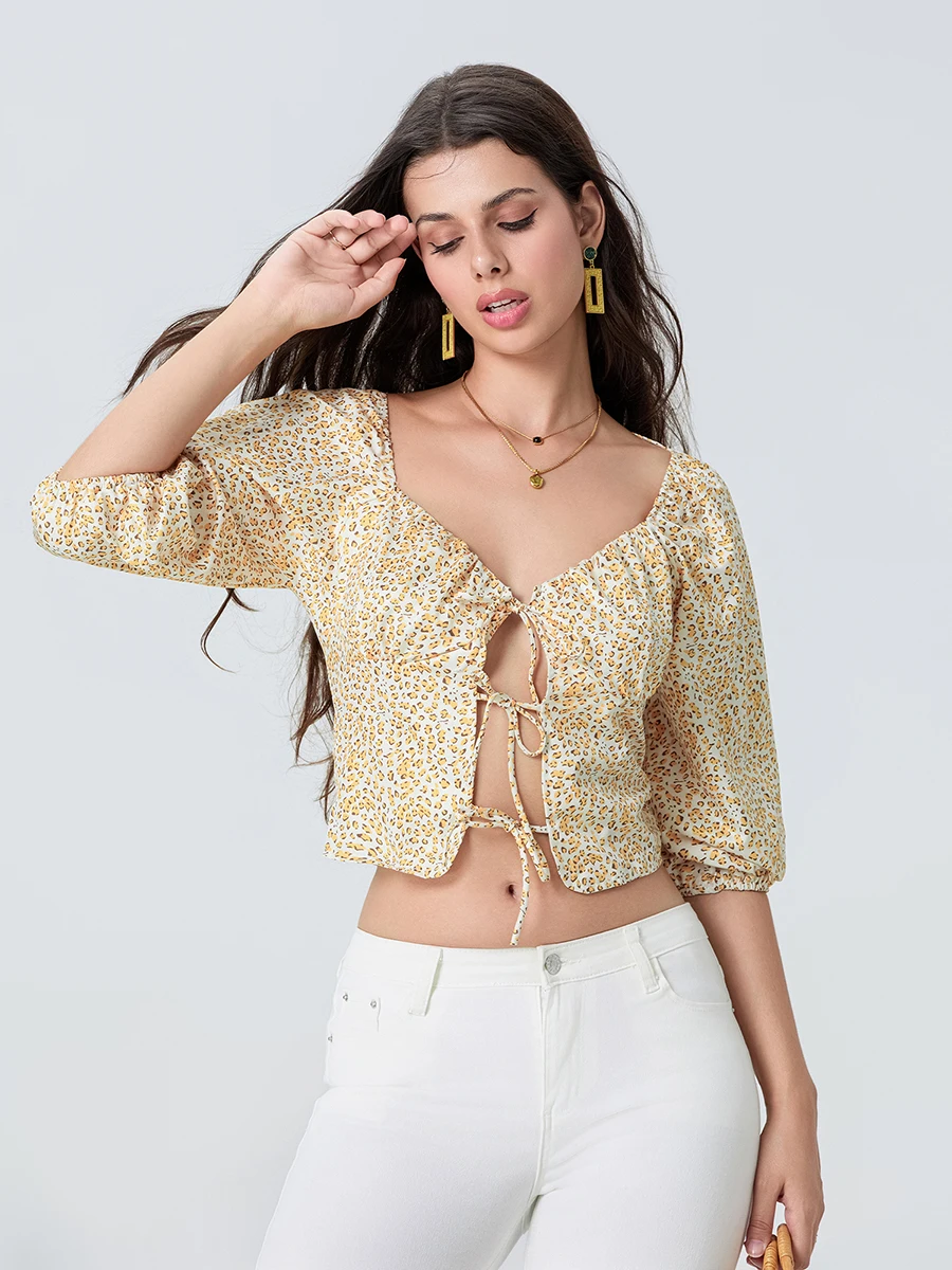 Blusa feminina de manga bolha com estampa leopardo, blusa elegante de verão, moda streetwear casual