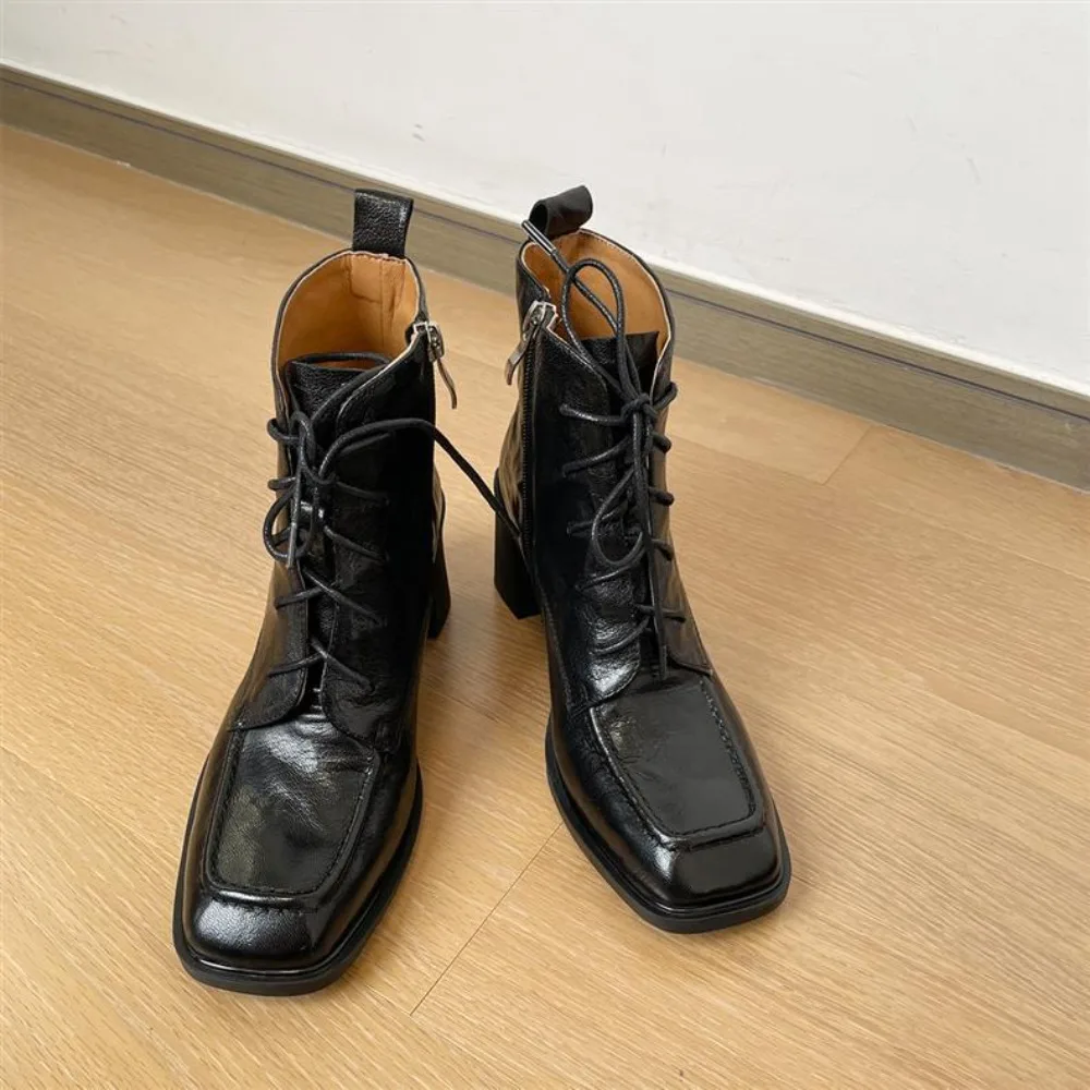 

Ботильоны из мягкой кожи с тихой подошвой, женские осенне-зимние короткие ботинки на толстом каблуке и высоком каблуке со шнуровкой до щиколотки с квадратной головкой и высоким каблуком