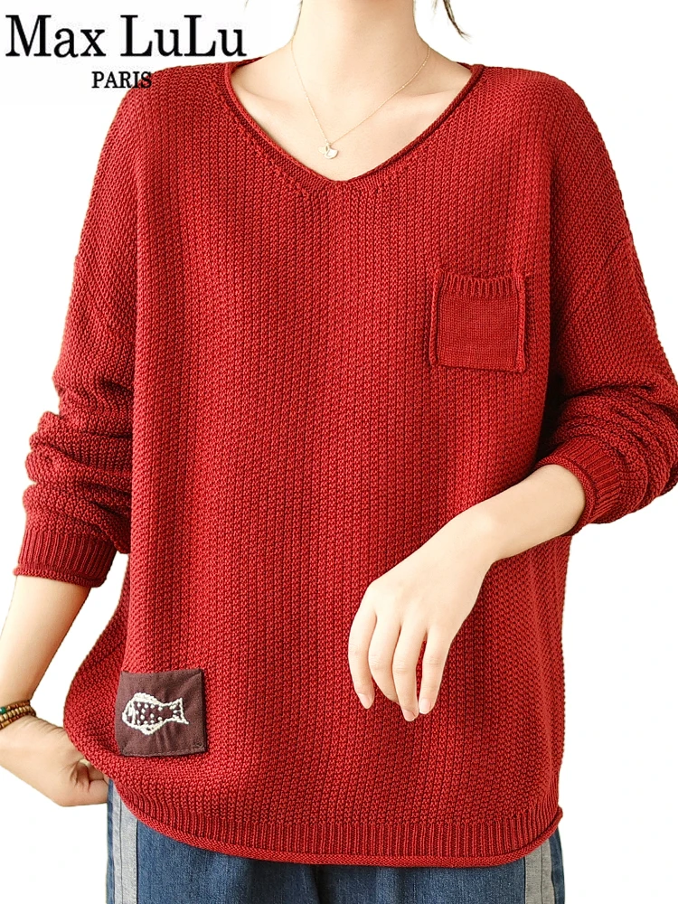 Max LuLu Fall Fashion Knitted Clothes Womens Casual Loose V Neck Sweaters Classic Patchwork Embroidery Jumpers Luxury Pullover