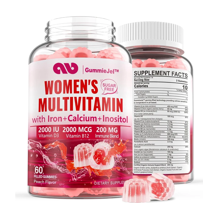 

Women's sugar free methylated complex vitamin filled gummies, algae calcium, iron, folic acid, inositol - energy, immunity,blood