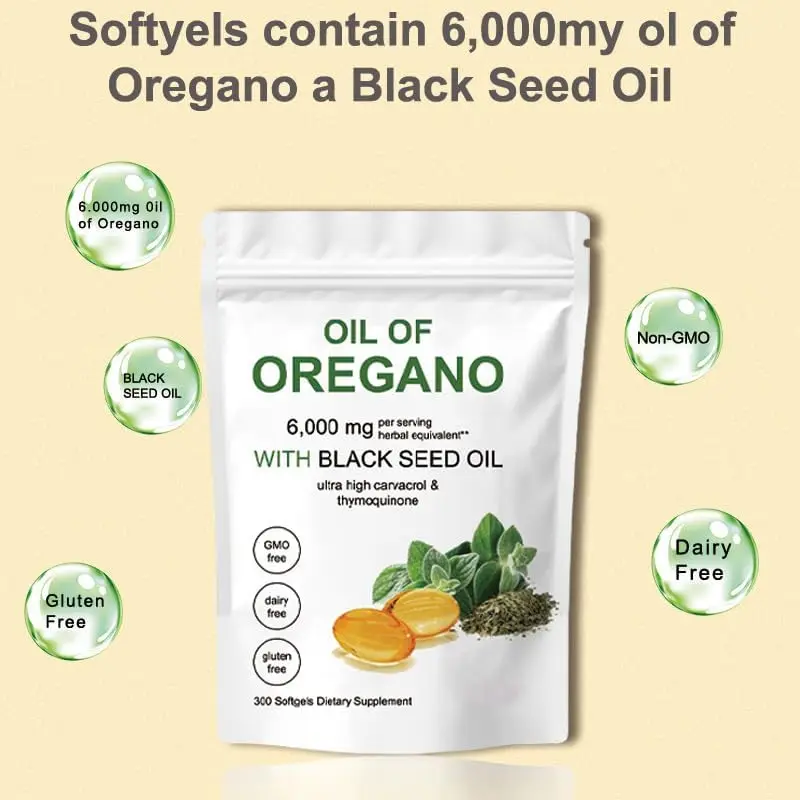 

Oil of Oregano Softgels 2 in 1 6000mg Oregano Oil Supplement Capsules with Black Seed Oil 200mg, Non-GMO Gluten Free 300 Capsule