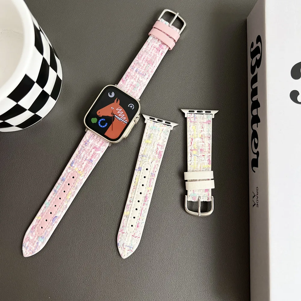 Tali kulit wol untuk Apple Watch, gelang tur tunggal wanita untuk Iwatch 41/45mm 40/44mm, tali kulit wol untuk Apple Watch Band 49Ultra SE8 7 6 5 4 3 2 38mm/42mm