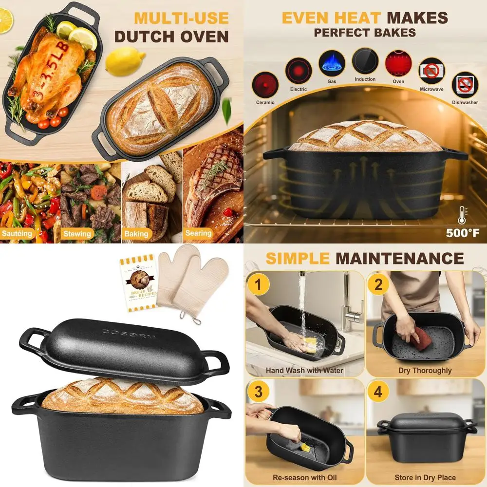 

Pre-Seasoned Cast Iron Dutch Oven, 7-Quart Oval Pan with Lid, Ideal for Homemade Sourdough Bread Baking