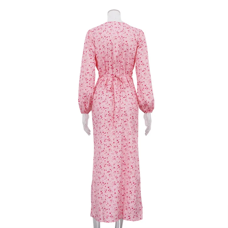 2026 primavera elegante Rosa Prin vestidos mujer moda cuello pico manga larga vestido de una sola botonadura otoño vestido recto hasta el tobillo