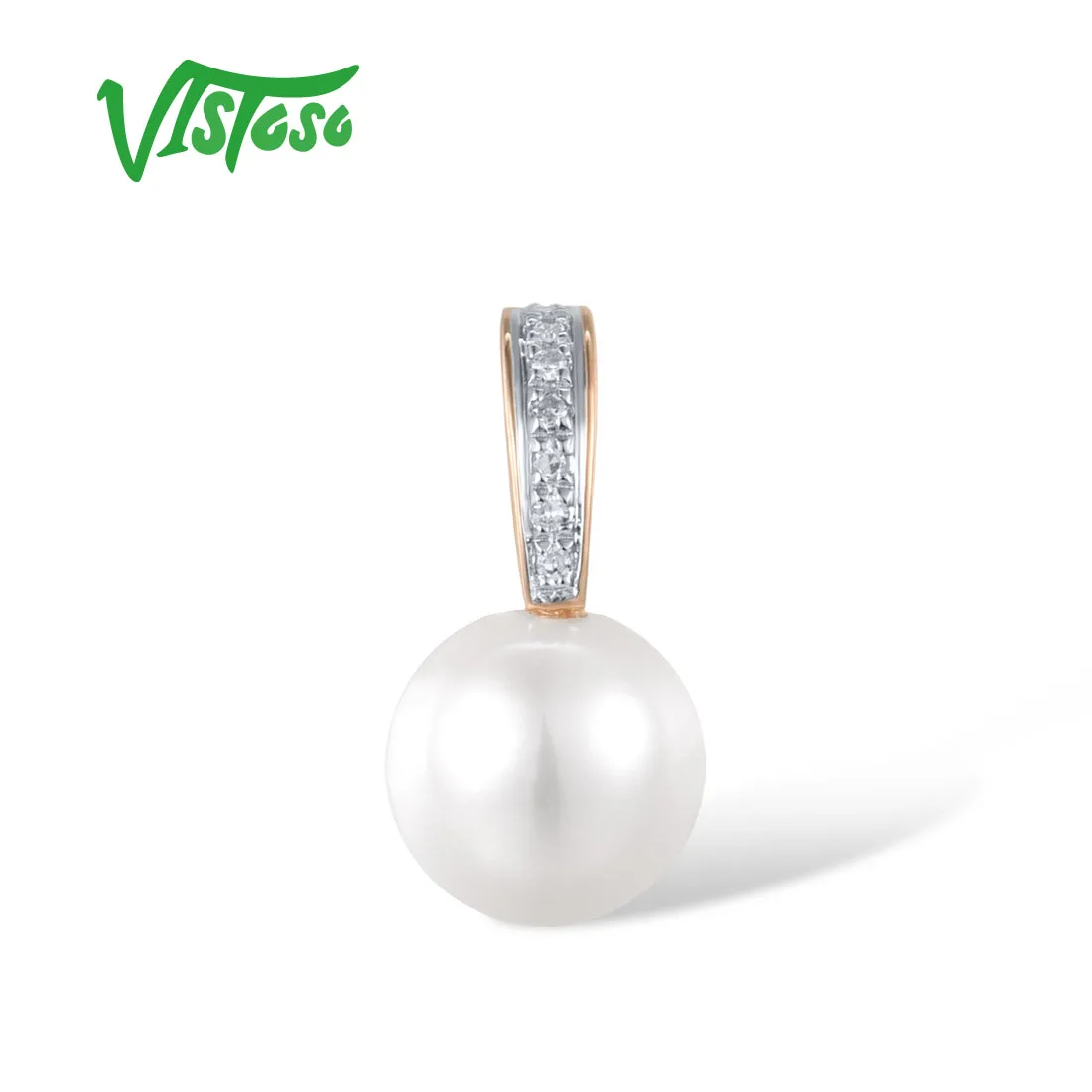 VISTOSO Autentyczny wisiorek z różowego złota 14K 5885 dla kobiet Błyszczący diament Świeża woda Biała perła Codzienne noszenie Drobna elegancka biżuteria