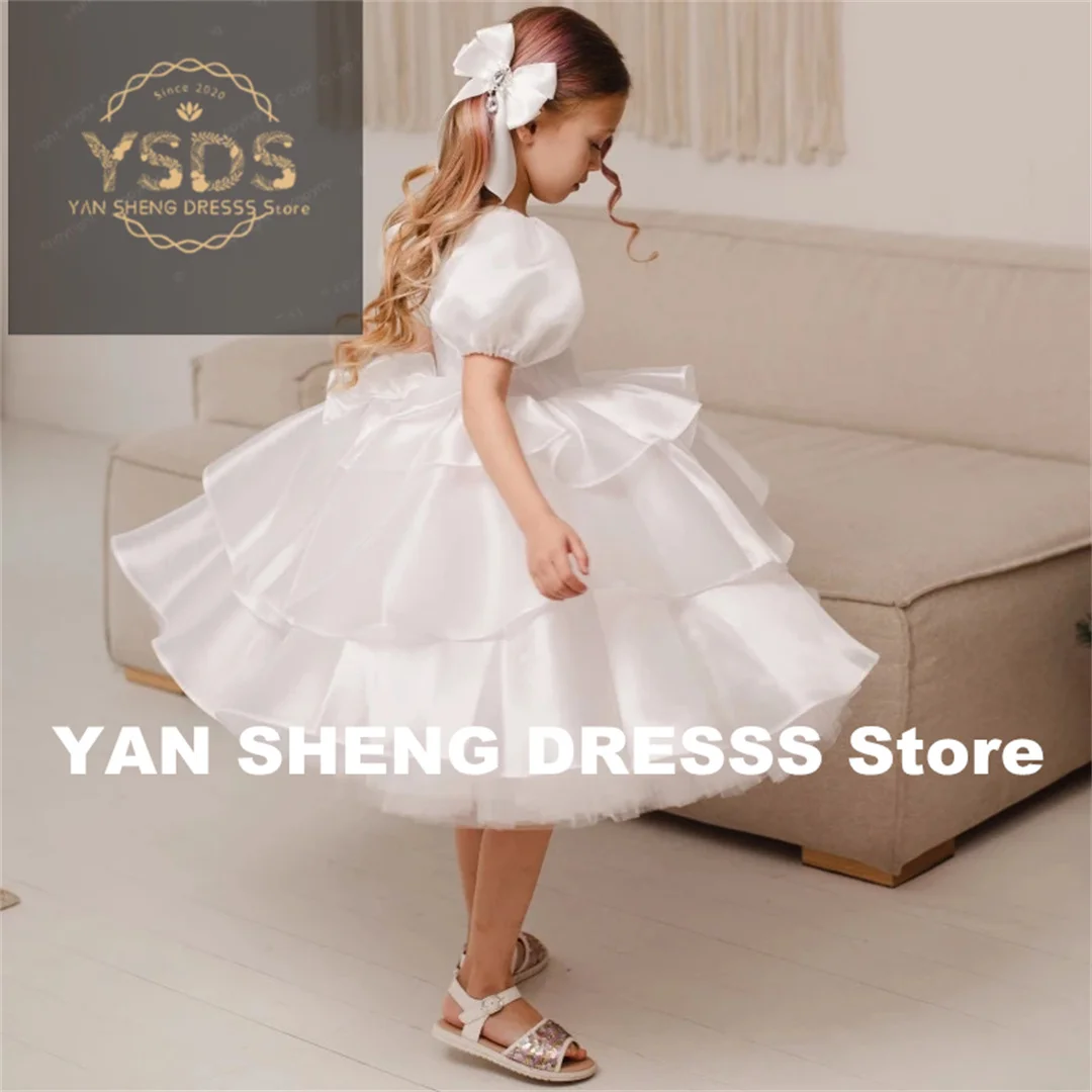 Customized Flower Girl Dresses White Puffy Tiered With Bow Short Sleeve For Wedding Birthday Party Banquet Holy Communion Gowns