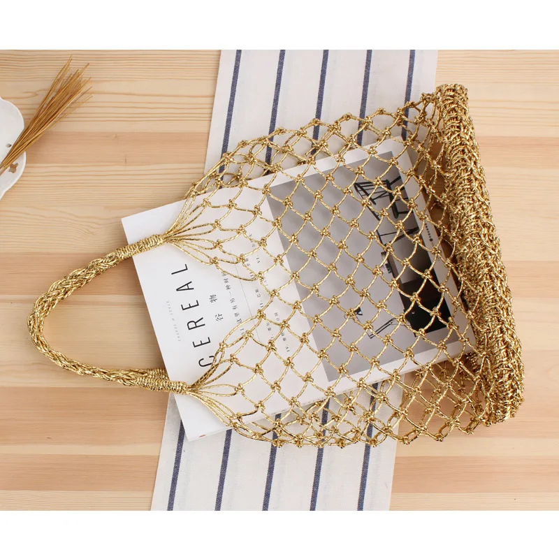 Solid Gold and Silver Thread Hand Hook Woven Bag for Women\'s Hand Straw Woven Bag Beach Bag