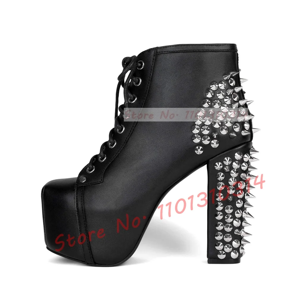 Black Platform Short Boots With Silver Spike Women Sexy Block High Heels Round Tip Biker Boots Ladies Stylish Streetwear Shoes