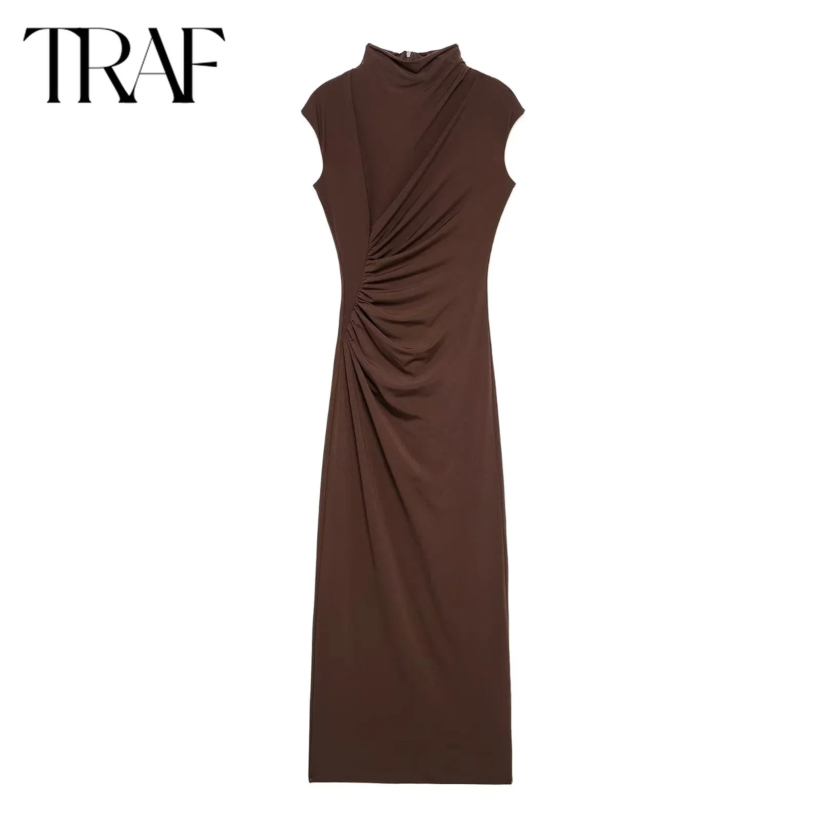 TRAF Dress for Women Fashion Autumn Winter New Fold Stand Collar Back Zip Midi Dresses French Chic Female Evening Clothing